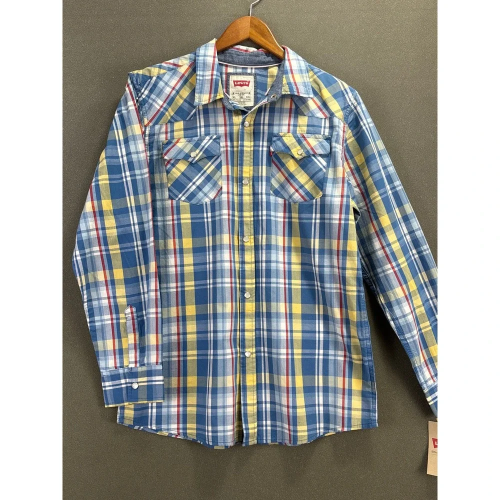 Levis Mens NEW Y2K XL Western Pearl Snap Plaid Shirt Blue Yellow Red Long Sleeve